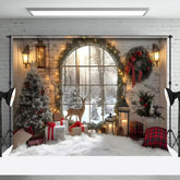 Lofaris Arched Window Deer Wreath Christmas Backdrop